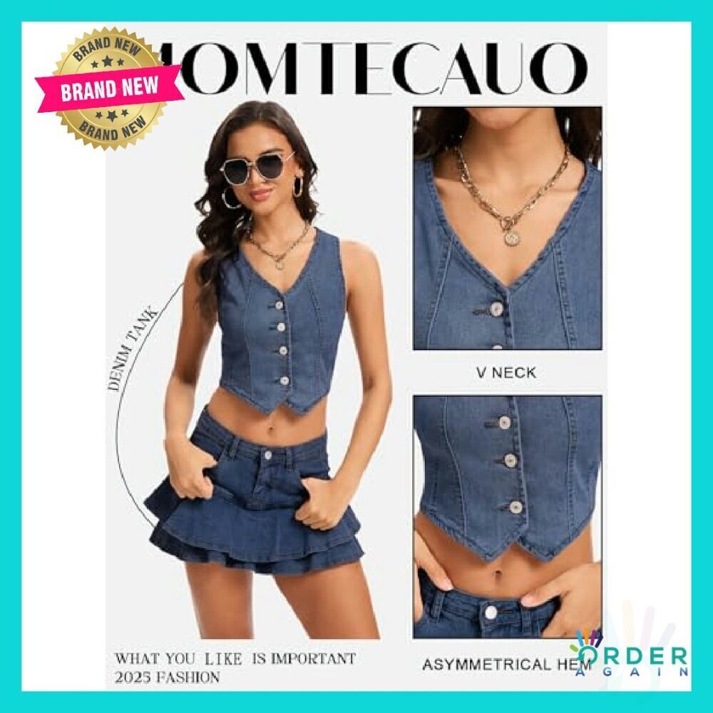 Denim Vest Crop Top Sleeveless V Neck Button Down Fitted Western Retro Chic - Picture 4 of 8
